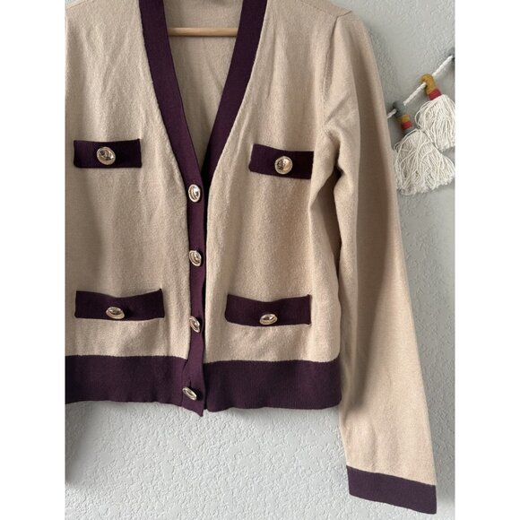 Ann Taylor Button Pocket V-neck Cropped Cardigan Brown Preppy Academia Boho M - Picture 9 of 9